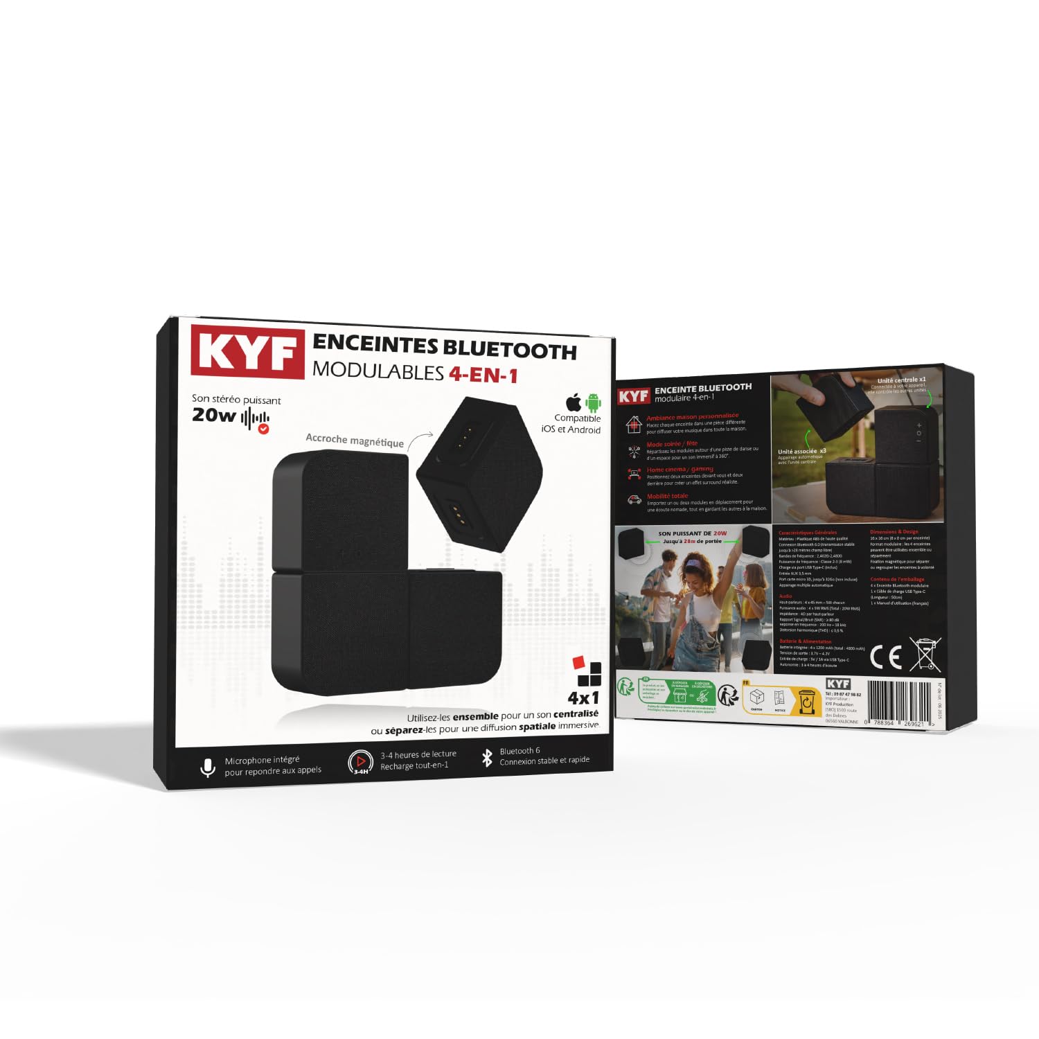 KYF Mini Mur d'Enceintes Bluetooth 6.0 Modulables, 4 Haut-parleurs Magnétiques, 20W RMS, Batterie Rechargeable, Noir
