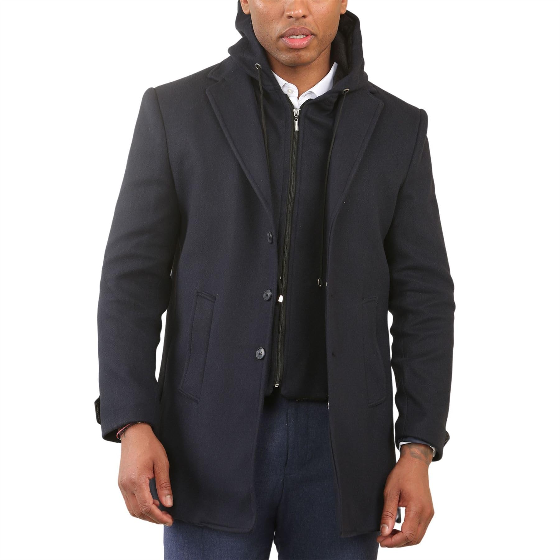 TruClothing Men's Overcoat Hooded Wool Blend Classic Trench Coat Winter Jacket - Black M