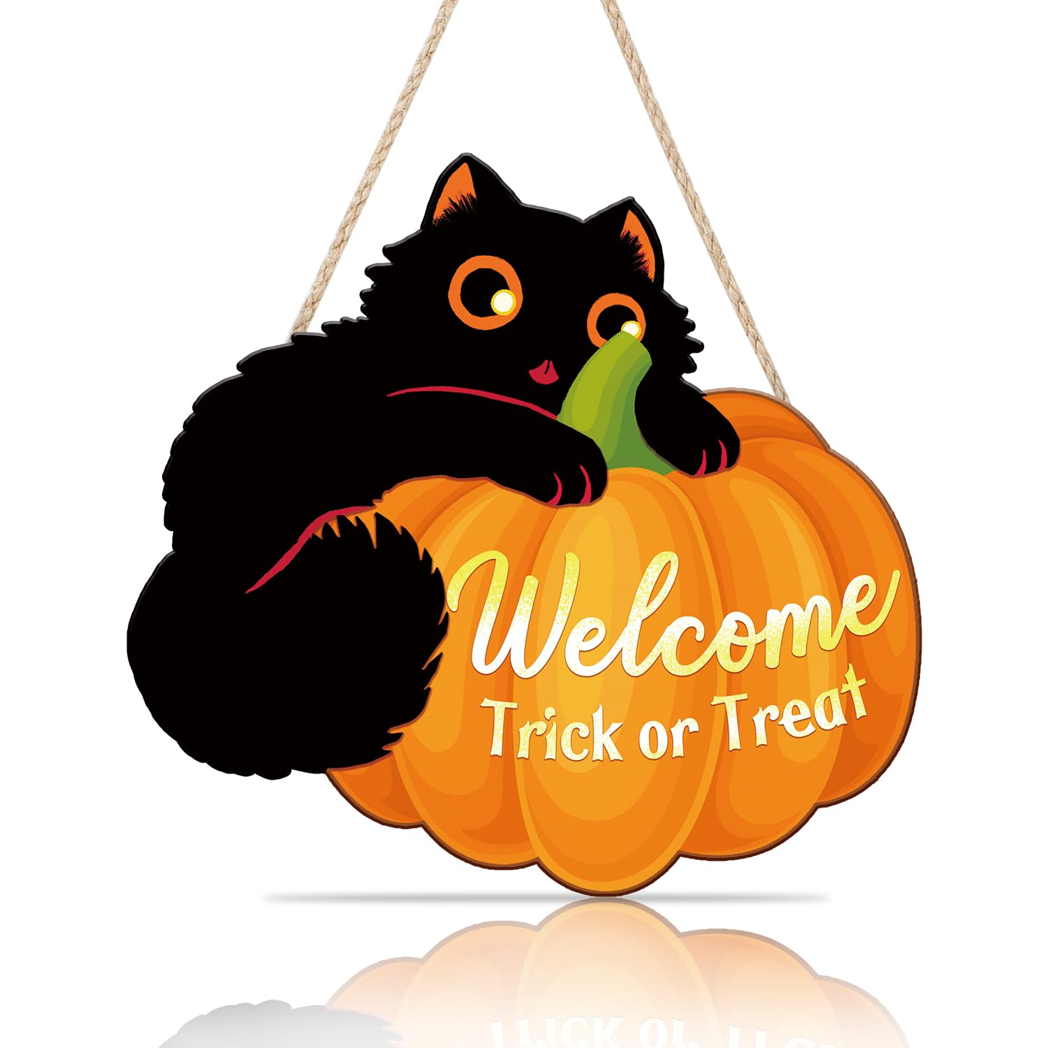ANHUIB Halloween Signs Trick Or Treat Sign Black Cat Pumpkin Halloween Decoration Halloween Welcome Wall Hanging for Front Door Pumpkin Wood Sign for Home Party Indoor Outdoor Porch Party Decoration