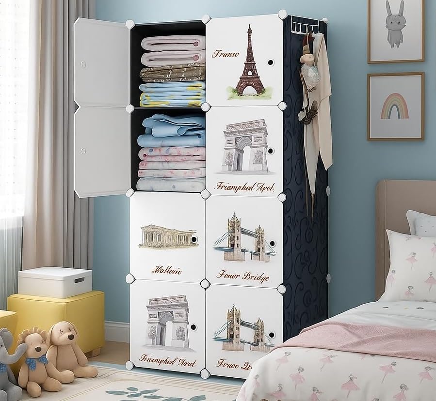Image of Sunderlook Plastic Wardrobe for Kids Clothes - Professional Collapsible Wardrobe, Easy to Use Foldable Almirah, Plastic Cupboard for Kids for Home (Black-BB, 8 Door)