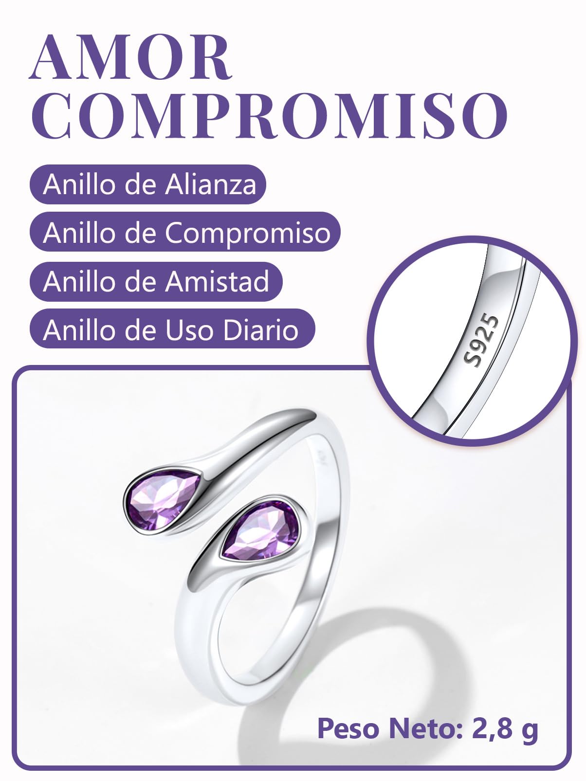 Silvora Plata 925 Anillo Ajustable Mujer Regalo Compromiso Alianza Pareja | Piedra Gota de Agua Circonita Brillante de 12 Colores Material Hipoalergénico Plata de Primera Ley Joyería Delicada Dedo Mano
