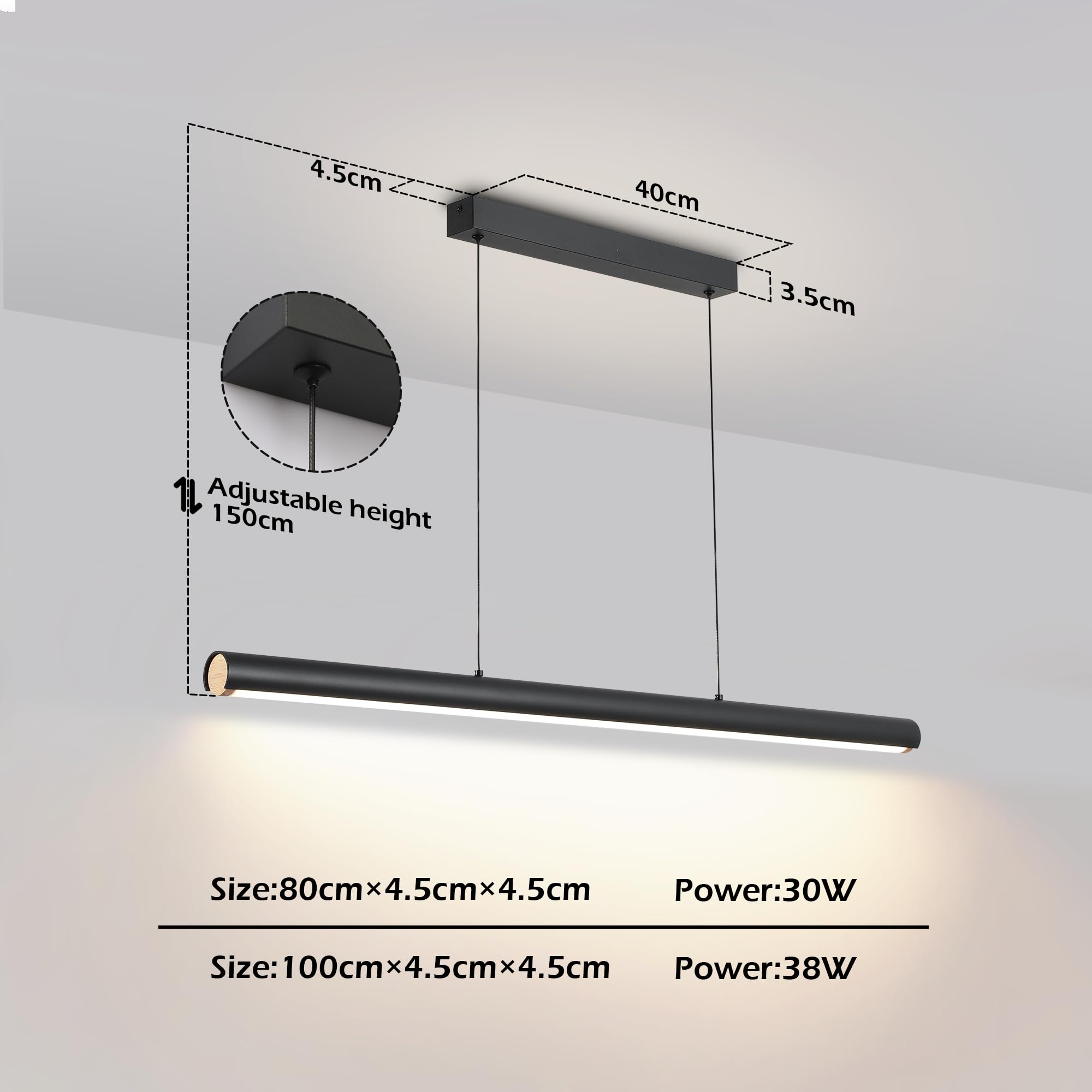 FANLG LED Lampara de techo colgante,80CM Lampara Colgante Cocina Negro Regulable con Control Remoto,30W Lampara Comedor lineal Iluminación Colgante regulable altura para Comedor Cocina Oficina