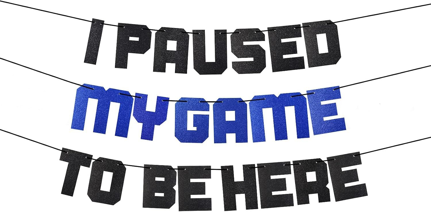Video Game Party Supplies I Paused My Game To Be Here Banner, Blue Gaming Birthday Party Decorations, Glitter Theme Backdrop Sign Decor