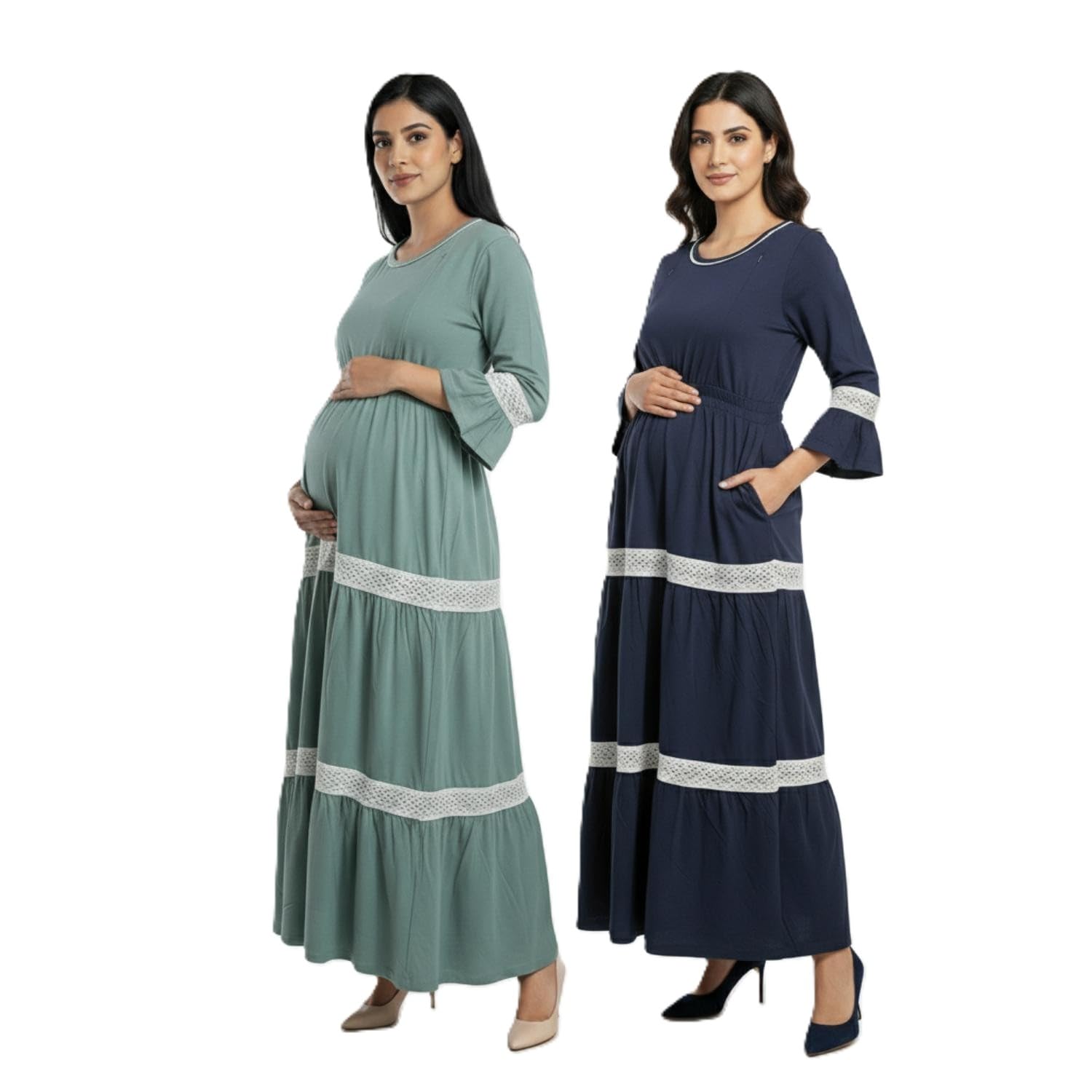 Women Combed Combed Cotton Bump Friendly Maternity Maxi-Blue & Green -Pack of 2-image-30