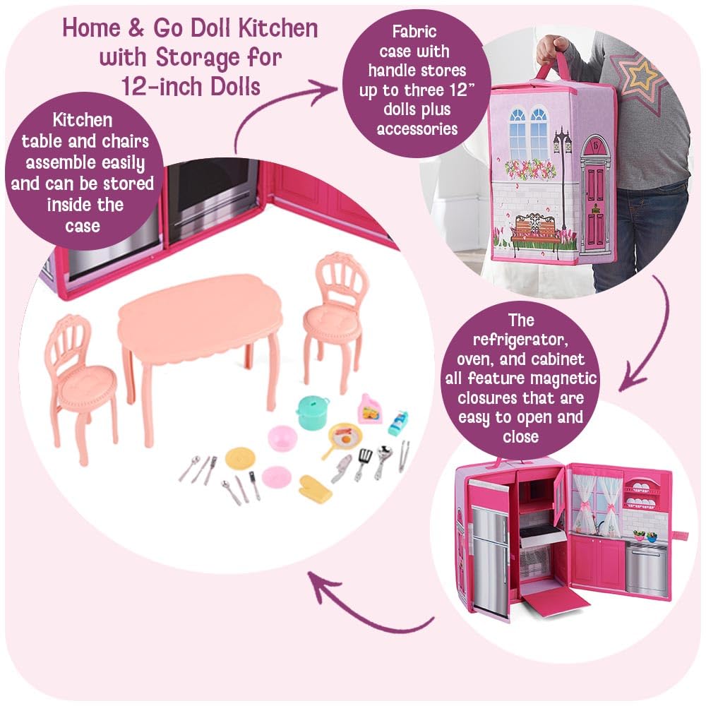 Badger Basket Portable Doll Kitchen Set for 12 Inch Dolls – Includes Oven, Fridge, Table, Chairs & Accessories