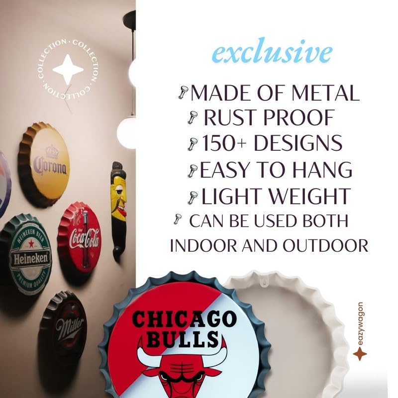 Image of EAZYWAGON Decorative Metal Bottle Caps Wall Sign Plates - 14X14 Inches - Chicago Bulls | Metal Wall Hanging Bottle Cap for Home, Farmhouse, Bar & Cafe Decoration | Vintage & Retro Look Plaques