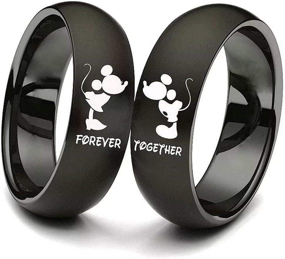 His and Hers Titanium Steel Couple Rings Mickey Mouse Kiss Forever Together Promise Wedding Band Black【Please Buy 2 Rings as a Pair】