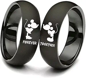 His and Hers Titanium Steel Couple Rings Mickey Mouse Kiss Forever Together Promise Wedding Band Black【Please Buy Two Rings for one Pair】