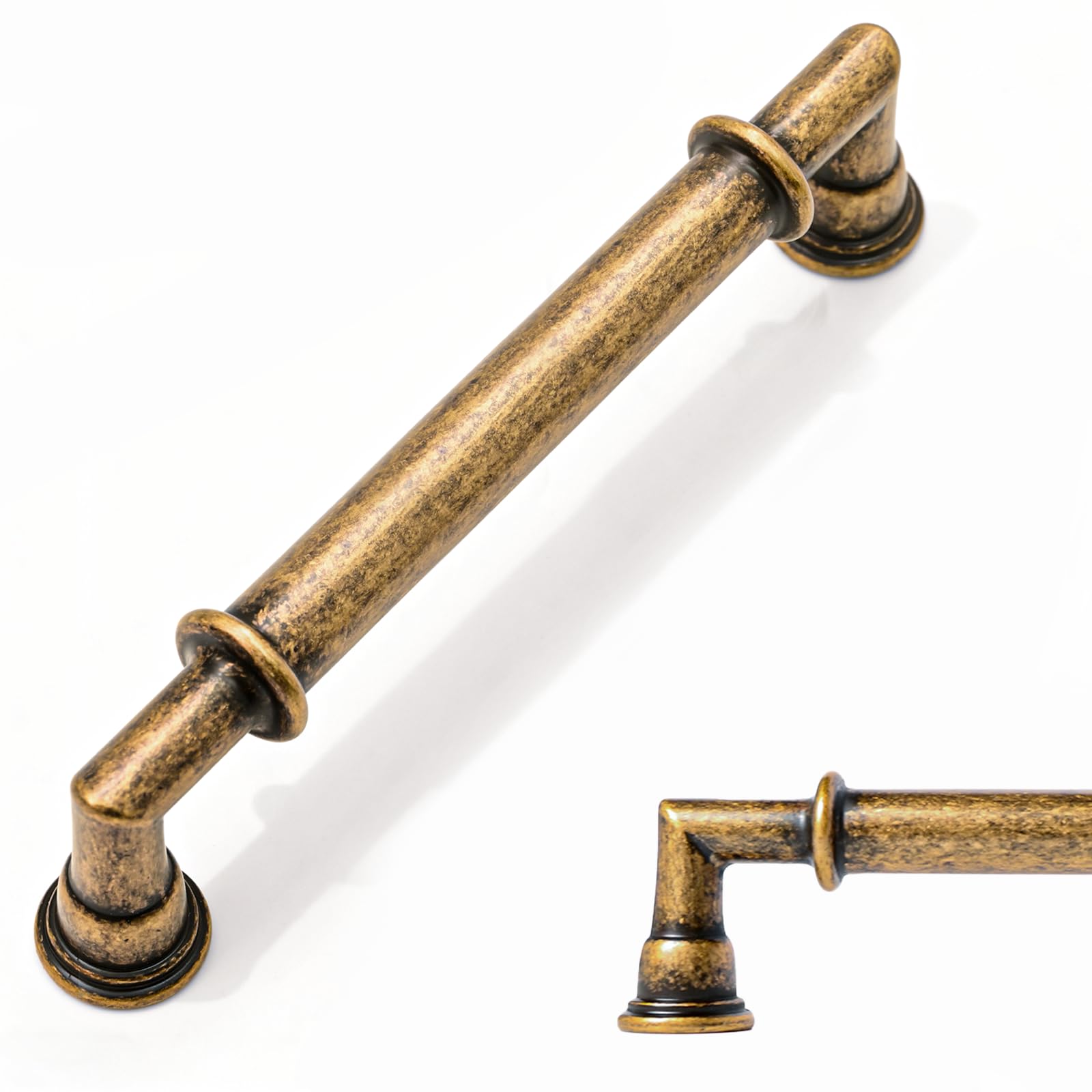 Amerdeco 10 Pack Brushed Antique Brass Cabinet Pulls 5 Inch(128mm) Hole Center Heavy Duty Solid Kitchen Cabinet Handles Drawer Pulls