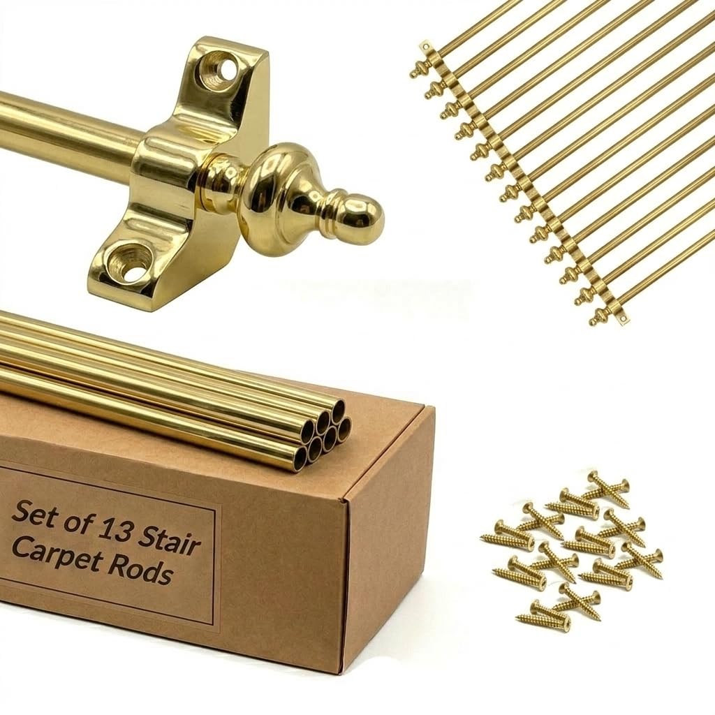 Set of 13, Stair Carpet Rods, Urn Finial, Polished Brass, Suitable for Carpet Runners Up to 70 Centimetre Wide Or Narrow (Polished Brass)