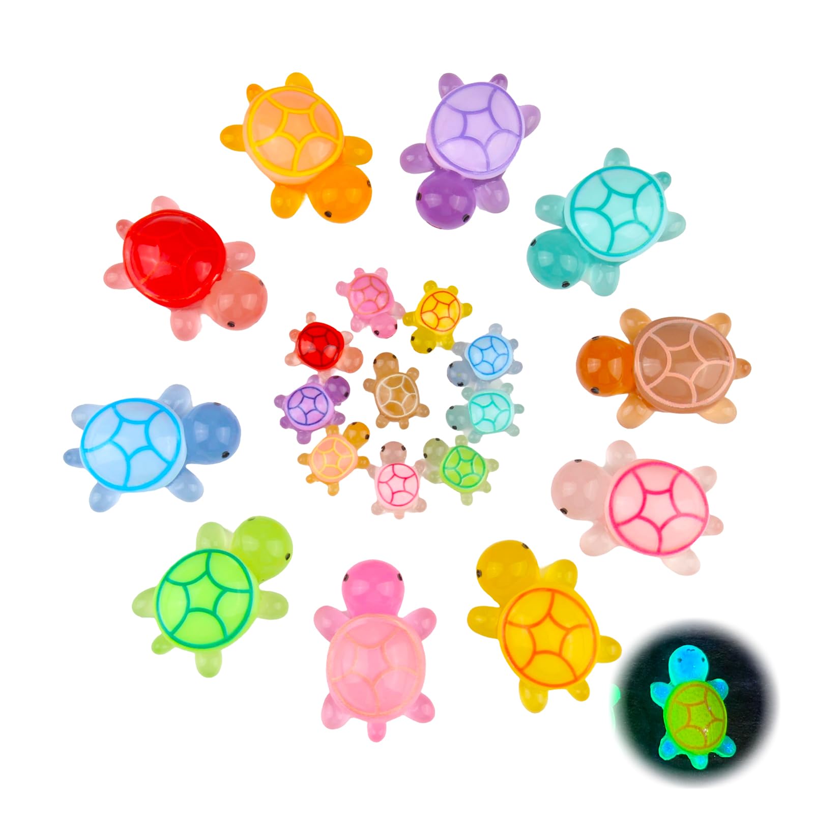 20 sztuk Mini świecące żółwie żywica miniaturowy kształt żółwi | Wielokolorowe Mini Zwierzęta 2 Rozmiary Małe Żółwie Do Dekoracji Wazon Ogród Krajobraz