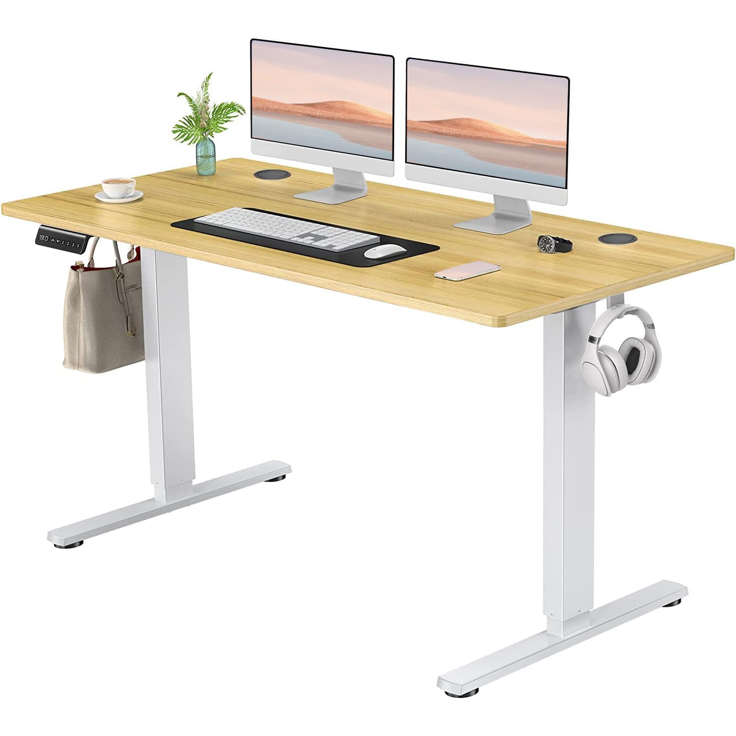 SMUG Electric Standing Desk with Memory Preset, Ergonomic Height Adjustable Table with T-Shaped Metal Bracket Modern Computer Workstations for Home Office, 6324, Natural