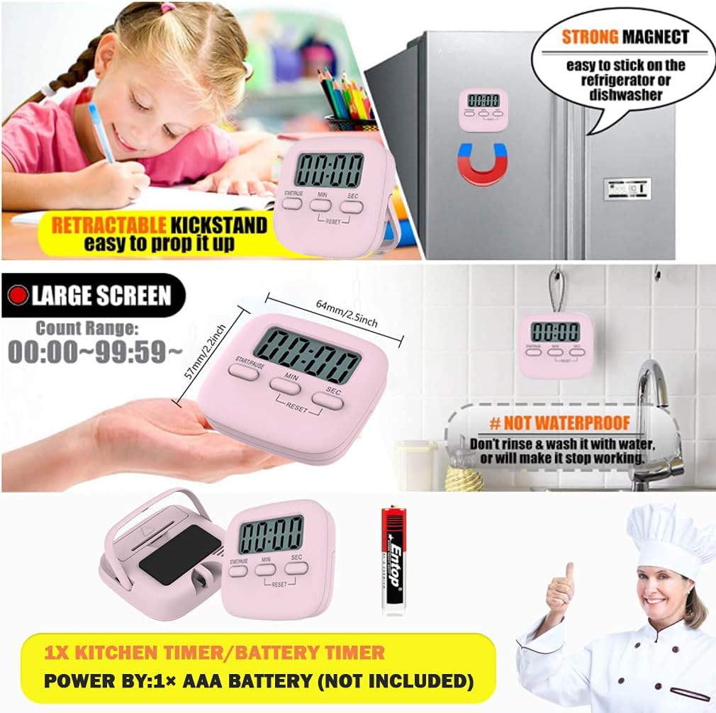 Digital Kitchen Timer/Pink Timer for Kids with Bracket and Hanging Hole,HD Sound Quality Magnetic Stopwatch Timer for Cooking,Study,Exercise and Baking(Rectangle) - Image 3