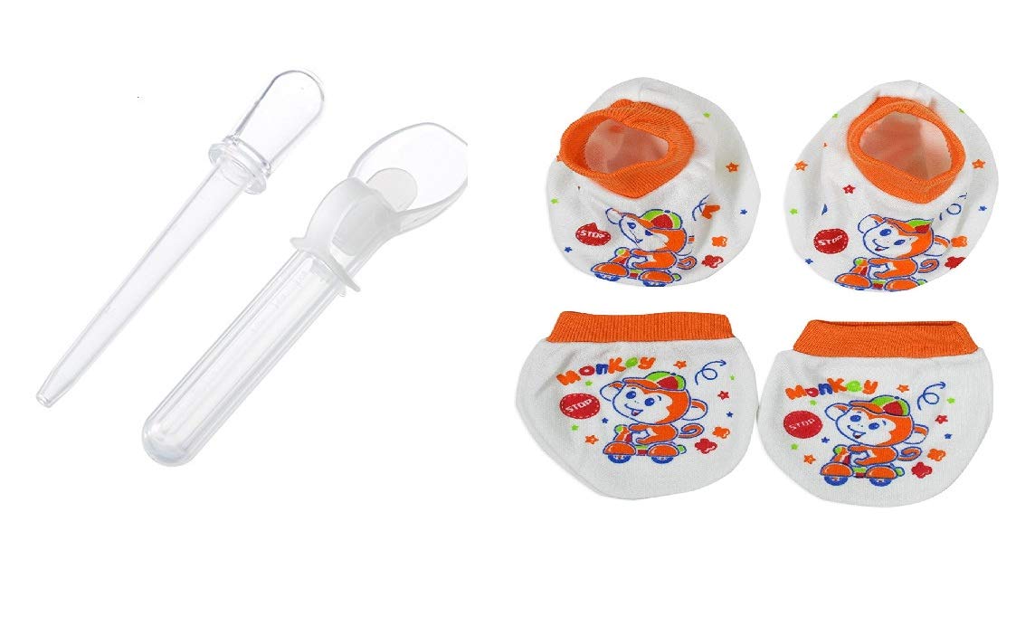 Safe Medicine Spoon and Medicine Dropper White and New Born Baby Baby's Premium Cotton Housiry Mittens Mitten Booties Set/Hand Gloves/Muthi/to Keep Baby Hand Tender for Age 0 to 6 Months