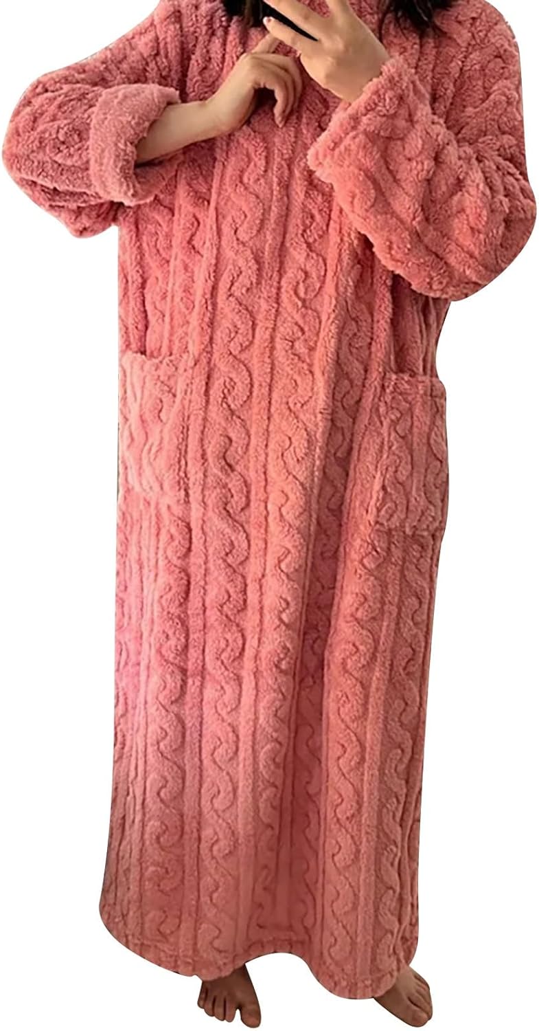 Women's Flannel Nightgown, Fuzzy Fleece Cozy Plush Warm Winter Pullover Loungewear Sleepdress with Pocket