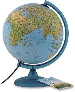 Tecnodidattica – Globo terrestre Safari para crianças e adolescentes | Luminoso | Cartografia ilustrada e manual de informações | Meridiano graduado | Textos em português do Brasil | Diâmetro: 25 cm