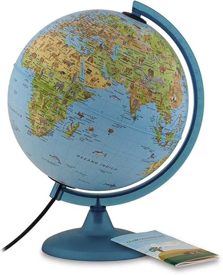 Tecnodidattica – Globo terrestre Safari para crianças e adolescentes | Luminoso | Cartografia ilustrada e manual de informações | Meridiano graduado | Textos em português do Brasil | Diâmetro: 25 cm
