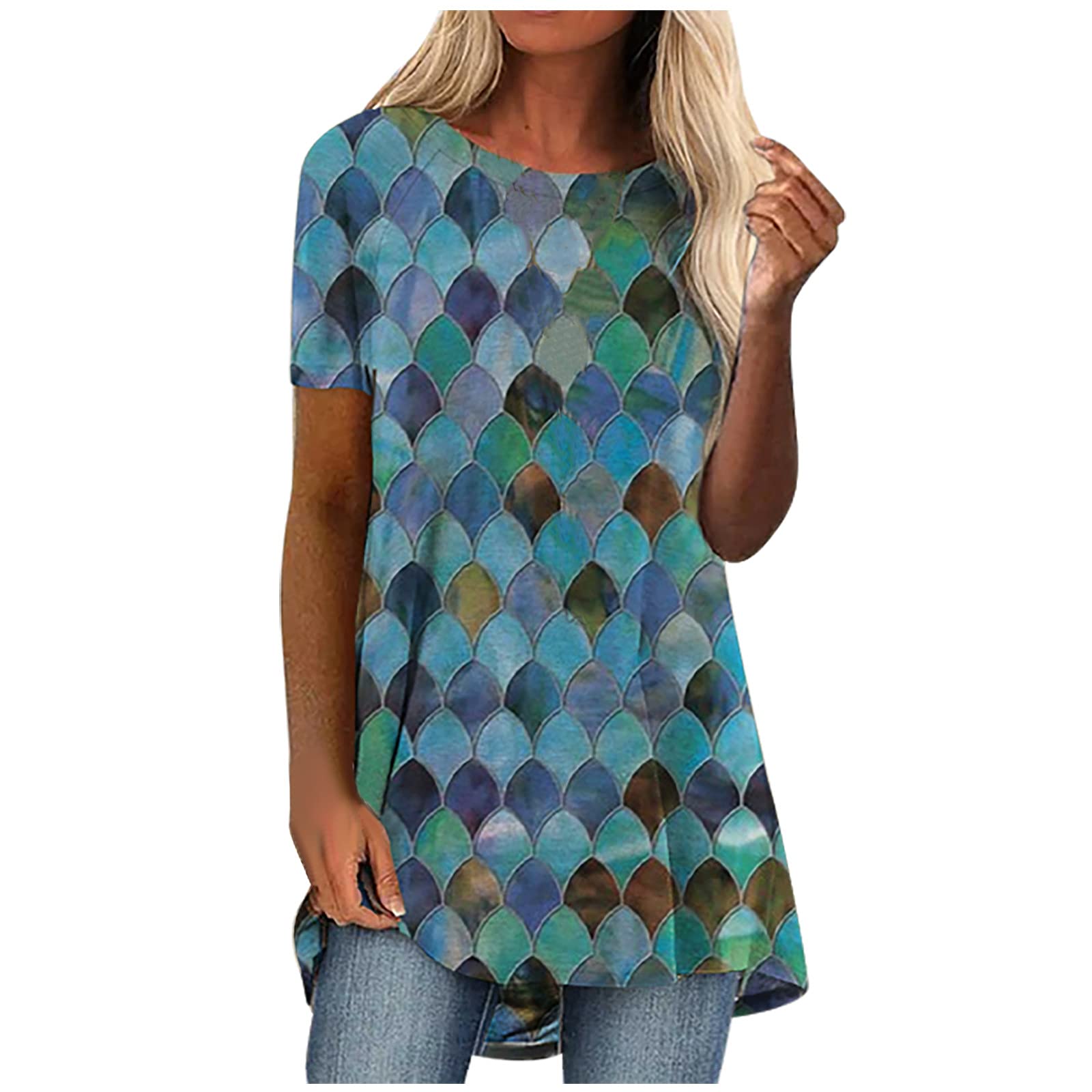 Women Shirts and Blouse Sale Clearance,Ladies Fashion O-Neck Short Sleeve Printed Long T-Shirt Blouse Loose Tops Shirts Elegant Tunic Shirts Tops Office UK Size Shipping 7 Days