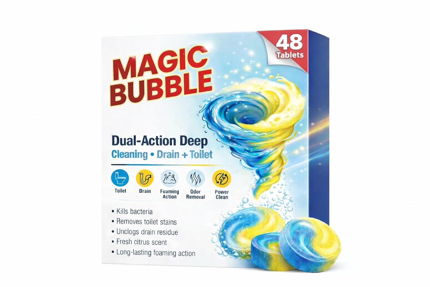 Magic Bubble Drain & Toilet Cleaning Tablets | Dual-Action Deep Clean | Foaming Action for Fresh & Clean Toilets and Drains | Odor Control | Easy-to-Use Tablets (48 Tablets)-image-26