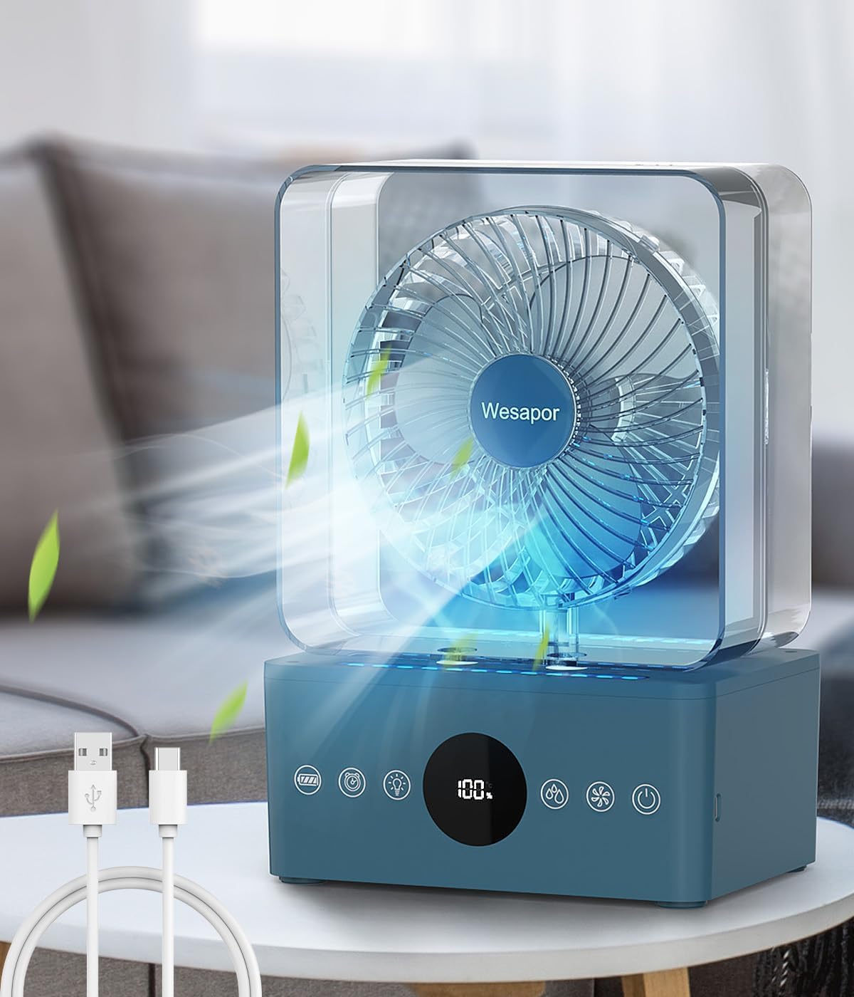 Portable Air Conditioners Cooling Fan with 3600mah battery, Quiet with 3 Speeds, 1000ml Evaporative Personal Air Conditioner Fan with Mist, 8H Timer, 4 LED mode, Small Air Cooler for Bedroom Office