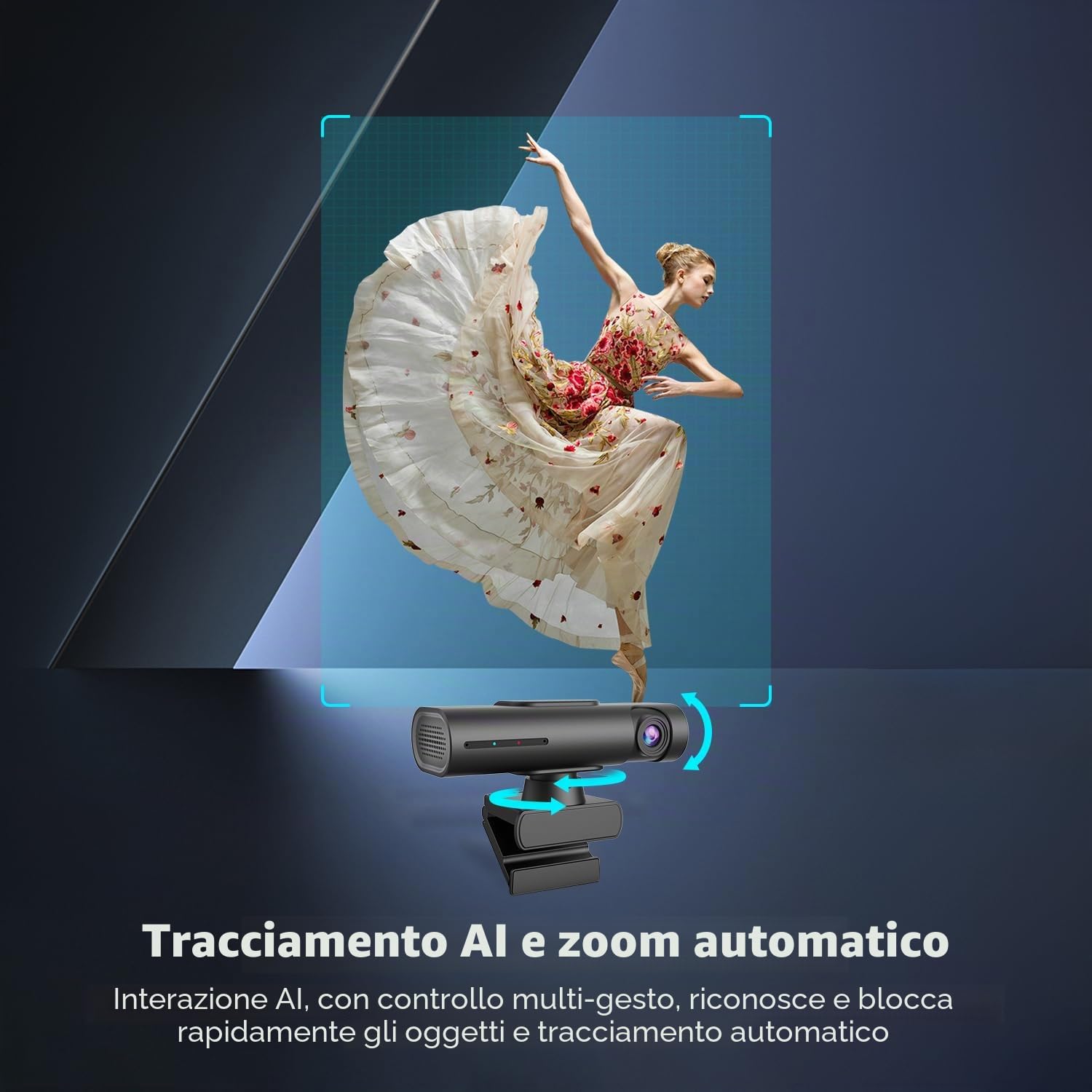 TOALLIN Webcam streaming 2K per PC, telecamera streaming PTZ con tracciamento AI, controllo gestuale, doppi microfoni con cancellazione del rumore integrati, webcam USB per conferenze, videochiamate