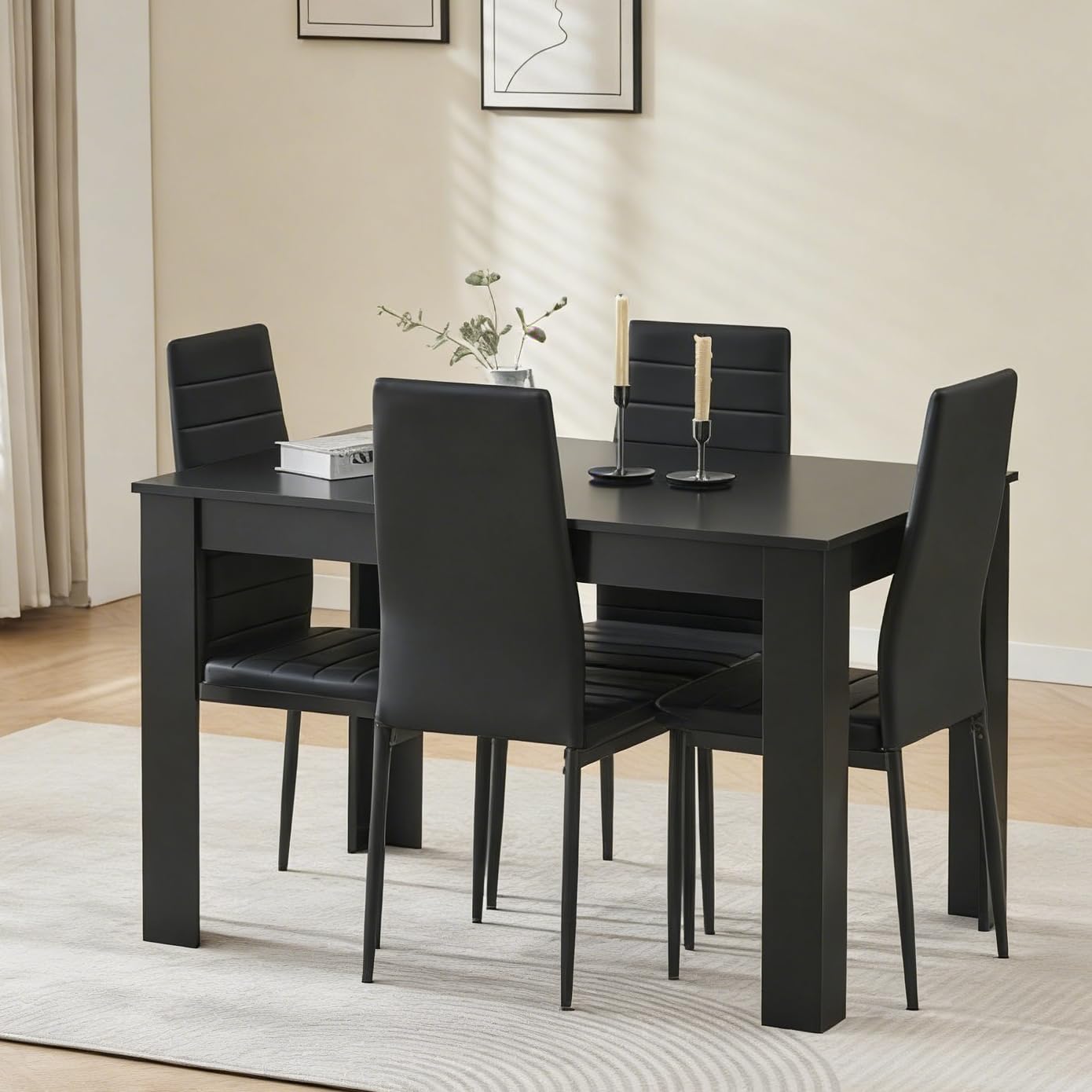 Menaka Modern Wooden Dining Room Table and Chairs Set of 4 for Small Space, 5 Pieces Rectangular Kitchen Table with 4 Chairs (110cm black table and 4 black leather chairs#1) — view 7