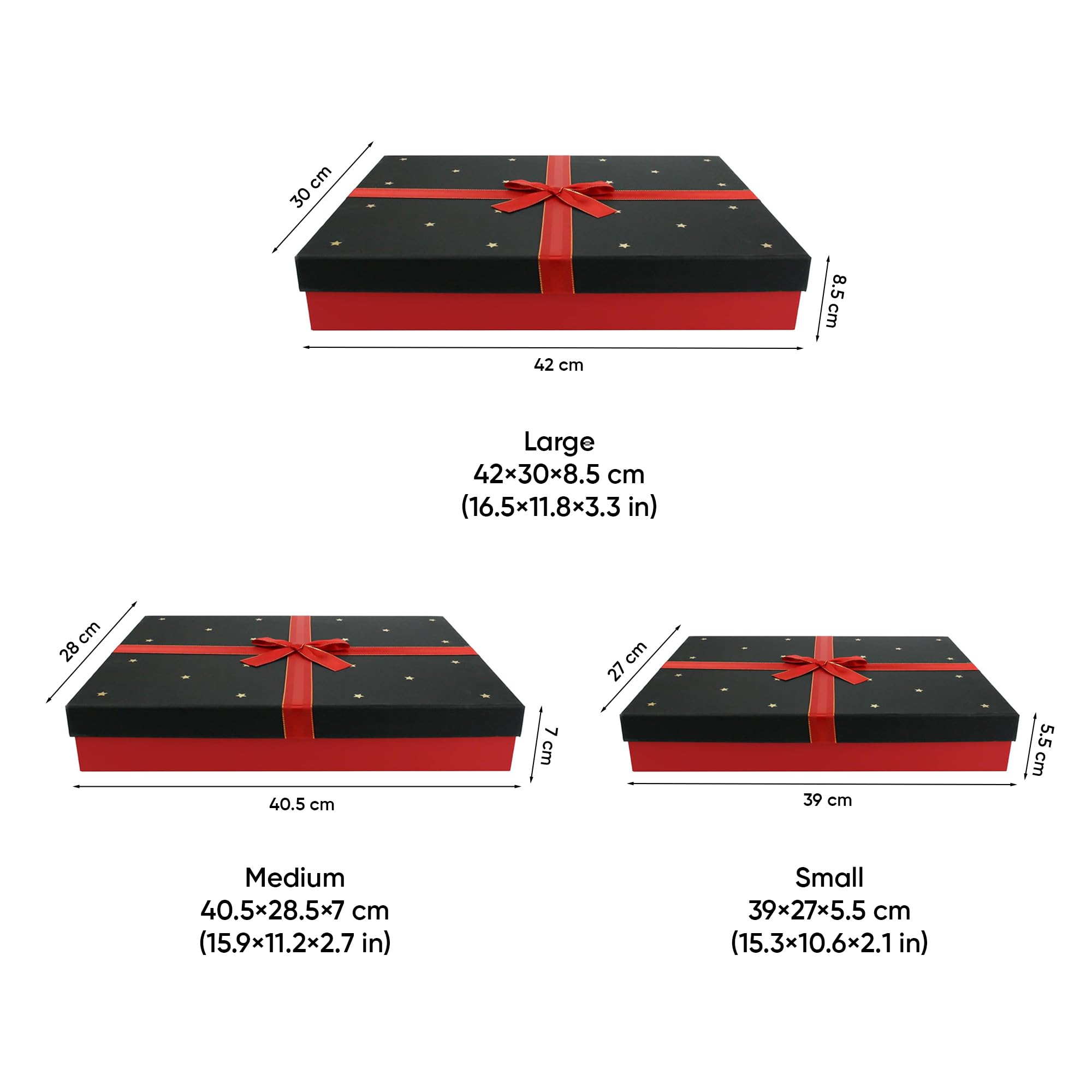 Emartbuy Lot de 3 boîtes cadeaux rigides - Boite rouge avec couvercle noir et étoiles - Intérieur marron et ruban décoratif rouge