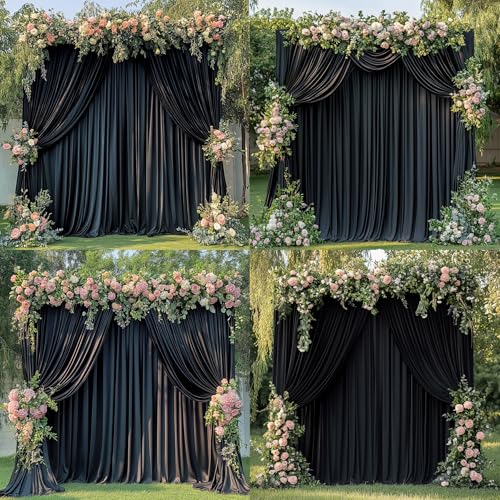 Image of 6 Panels 5x15ft Black Backdrop Curtains for Parties, Wrinkle Free Polyester Black Photo Backdrop Drapes 15 ft Long Back Drop Cloth for Wedding Birthday Photography Background Party