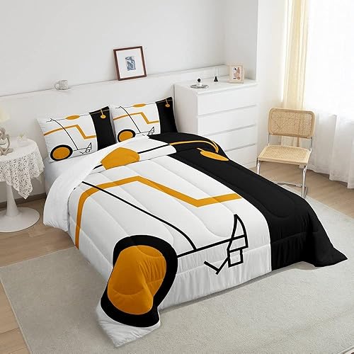 Miniatura 4 de Juego de ropa de cama naranja, blanco y negro para niños y niñas, juego de edredón de rayas geométricas y remolinos circulares, edredón acolchado