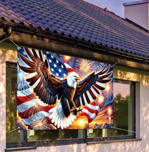 Image of America Independence Day Backdrop Banner 71 x 43 Inch US Flag Bald Eagle Patriotic National Holiday Backdrop Veterans Day Memorial Day Party Banner Supplies Independence Day Themed Party