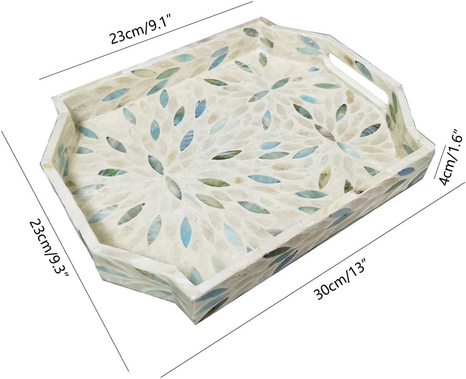 i-lan 13 Inch Mother of Pearl Serving Tray with Handles - Blue & Beige Nacre Shell Inlay Wooden Platter, 2" High Wall Geometric Mosaic Tray for Coffee Table, Vanity & Breakfast