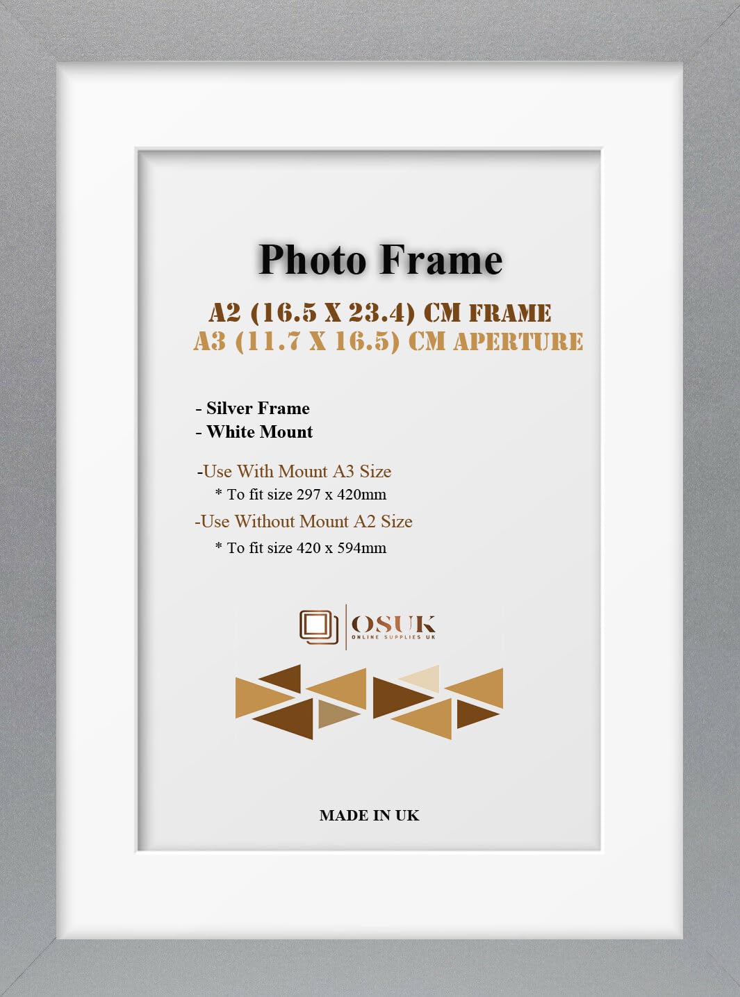 Frame Eazy Silver Osuk A2 Frame With A3 Mount Modern Photo Frame With White Mount - Clear Perspex Front & Wall Mounting Poster Frame - A2 Picture Frame With A3 White Mount