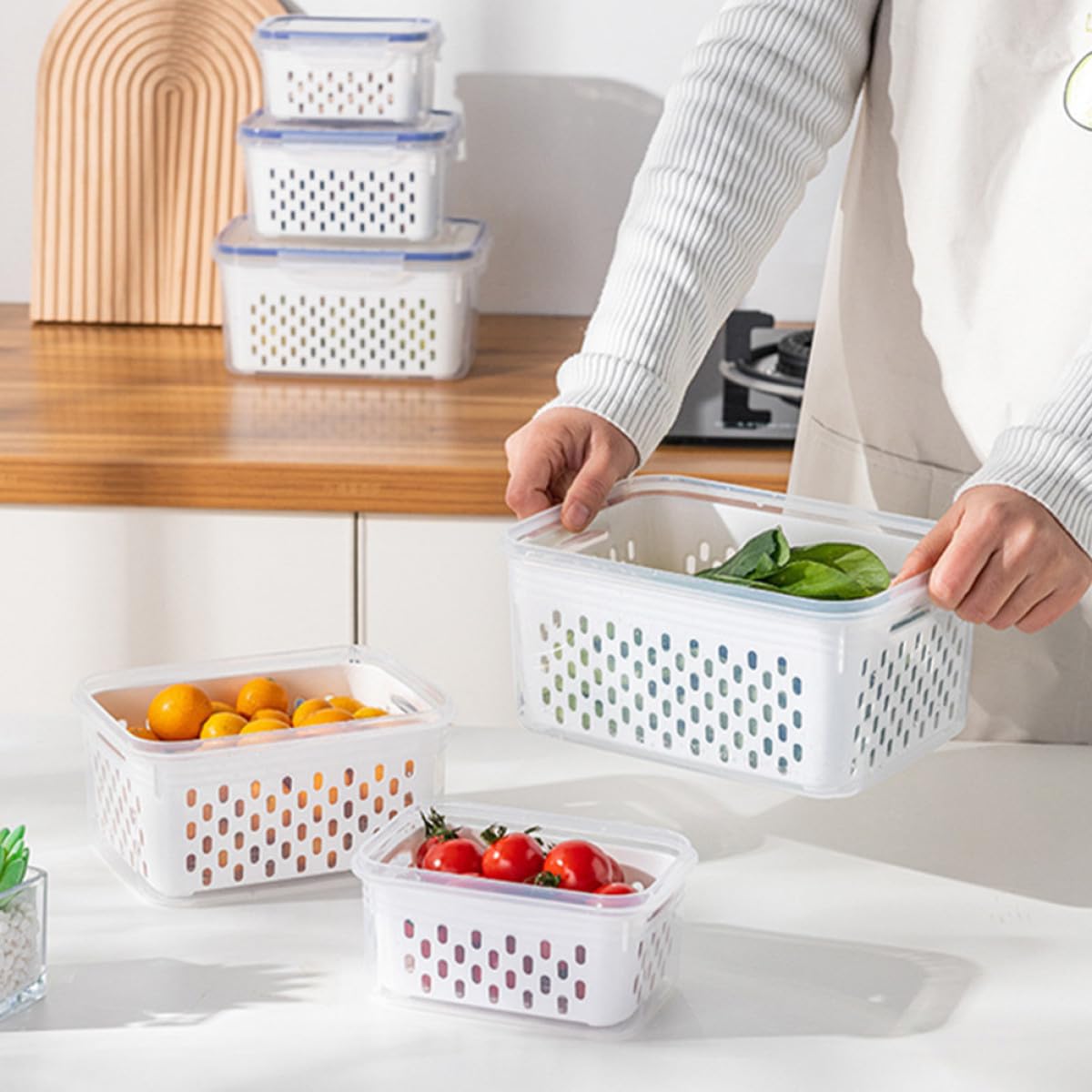 SHINEOFI Contenedores de Alimentos Rectangulares 3 Piezas Transparentes con Tapa y Cesta Escurridora Desmontable para Refrigerador, Cajas Herméticas para Frutas y Verduras, Almacenamiento