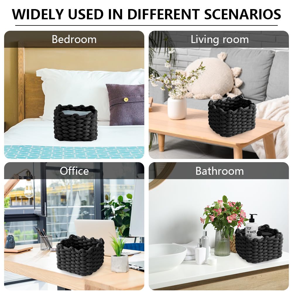 Aolso Cesto Portaoggetti in Corda di Cotone Intrecciato, 2pcs Contenitore Bagno Portaoggettii, Cestino Cameretta,Cestini Decorativi Quadrati per Portaoggetti per Trucchi,Giocattoli, Calzini, Nero