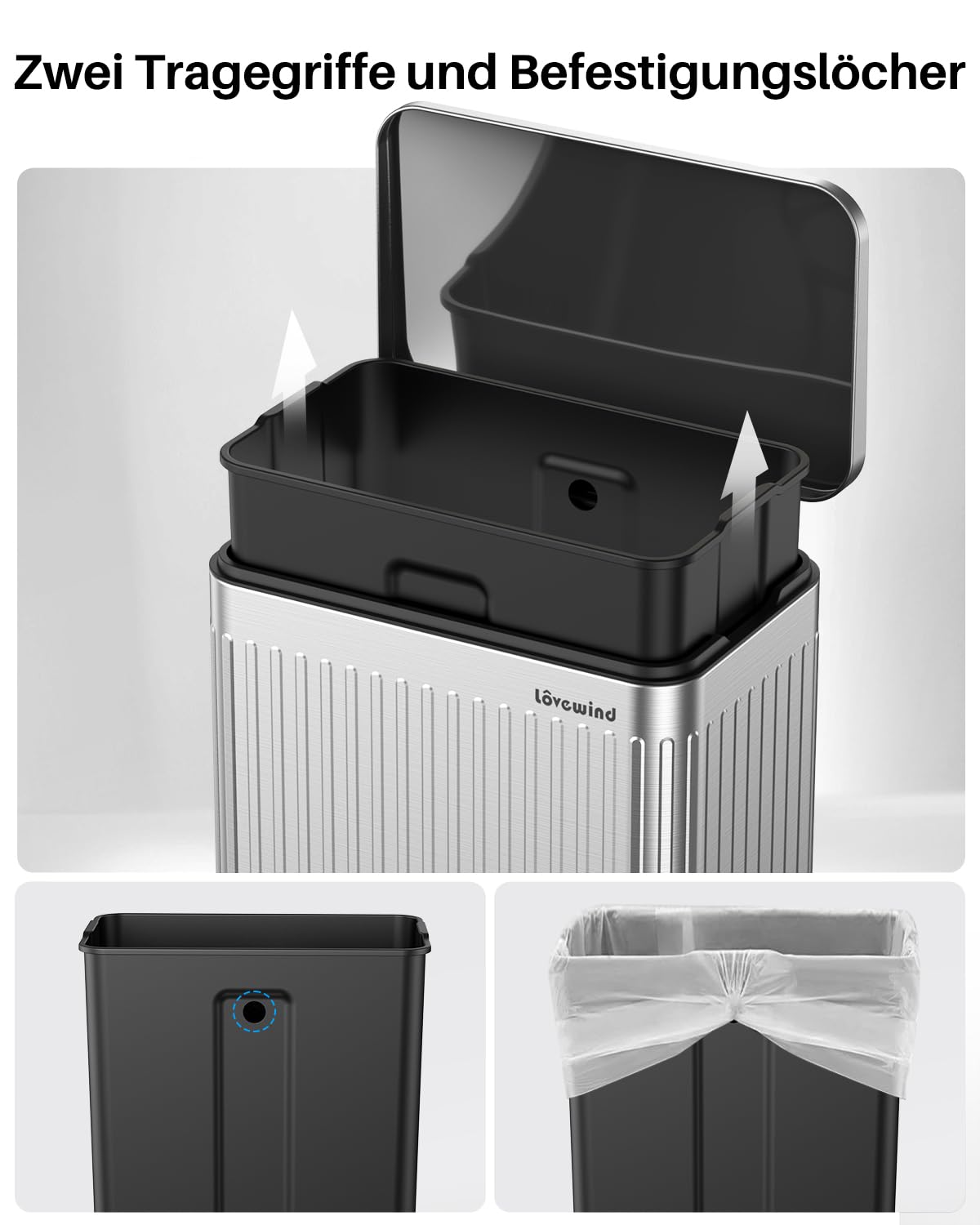 lovewind 60L Mülleimer Küche Edelstahl Silber, Pedal-Behälter mit Soft-Close Deckel,herausnehmbare Einsätze mit Griff & Beutelhalter, Römisches Design, geruchsdicht, für 3-6 Personen