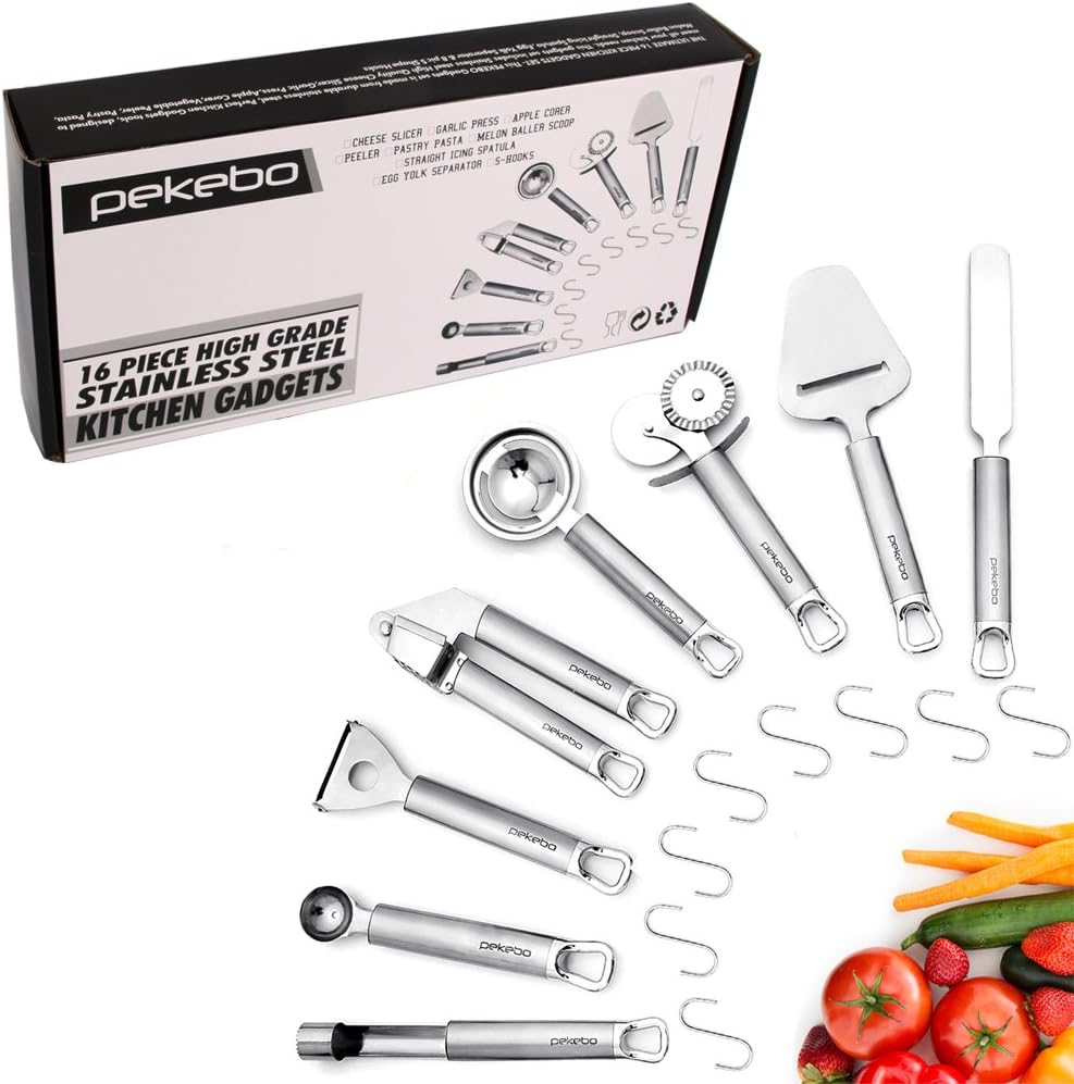 16-Piece Kitchen Gadgets Tool Set-High Grade Stainless Steel Cooking Cheese Slicer,Garlic Press,Apple Corer,Peeler,Pastry Pasta,Melon Baller Scoop, Straight Icing Spatula,Egg Yolk Separator & S-Hooks
