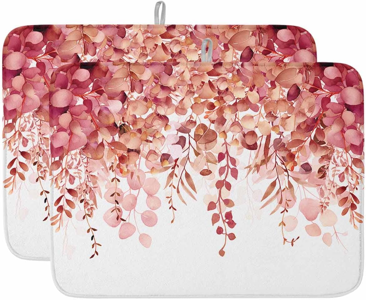 Red Botanical Eucalyptus Leaves Dish Drying Mats for Kitchen Counter Set of 2, Fall Christmas Leaf Absorbent Dish Drainer/Rack Mat,Hangding Quick Drying kitchen Mat,18x24inch Machine Washable White