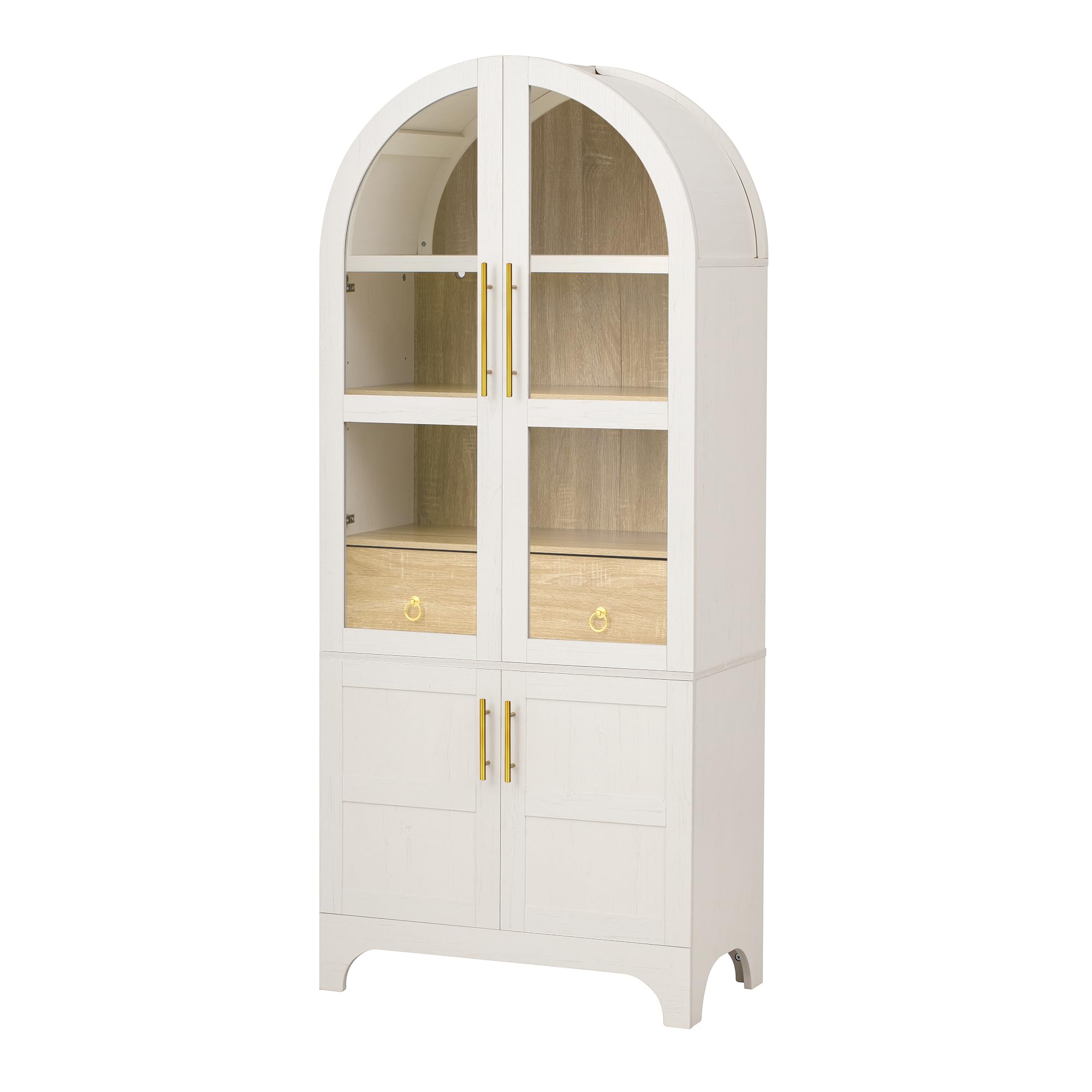 Mobiletto alto con vetro scanalato, ripiani regolabili, cassetto, armadietto da cucina con grande capienza, ideale per sala da pranzo, soggiorno, cucina, bianco