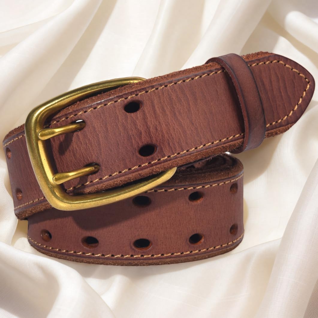 Cinturón De Cuero Unisex Con Doble Punta, Hebilla Latón Macizo, 105 Cm, Marrón