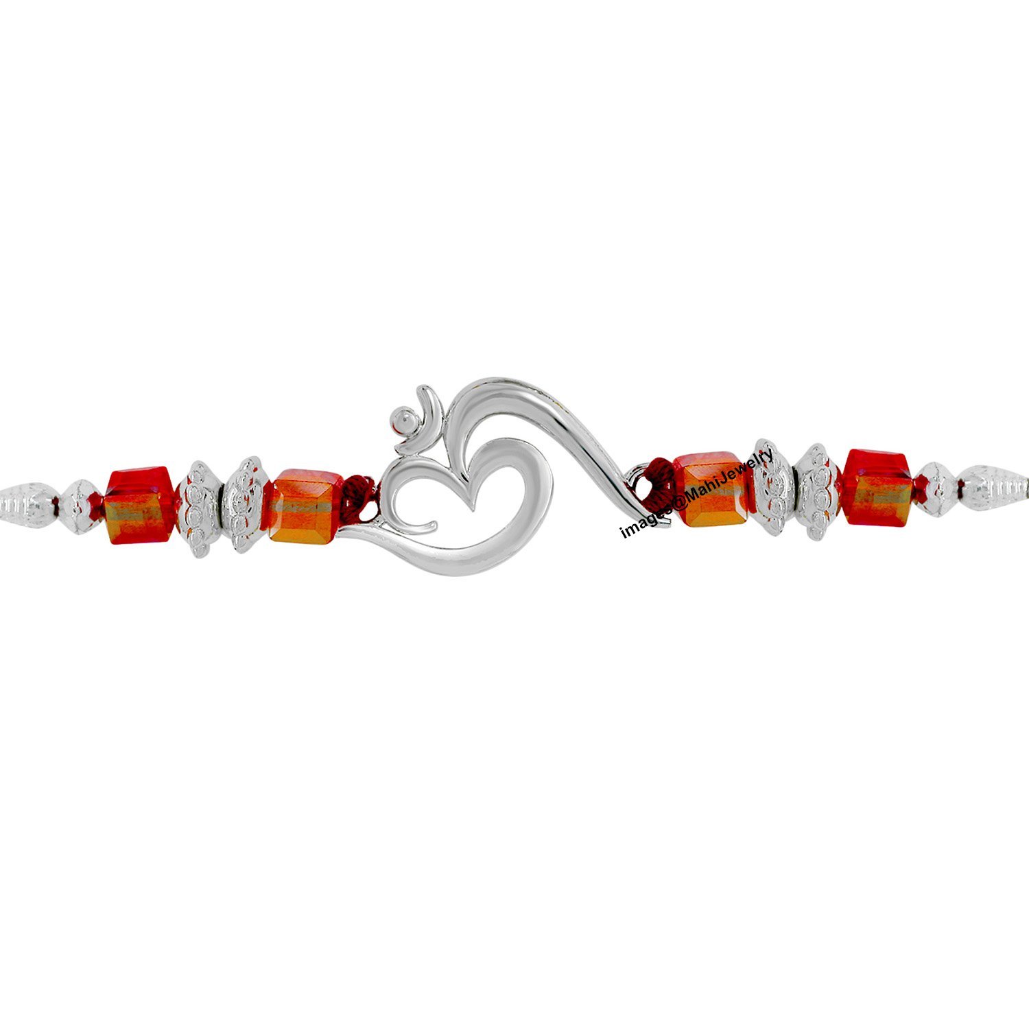 MahiRed Colour Silver Om with Crystals and Beads Rhodium Plated Rakhi for Women