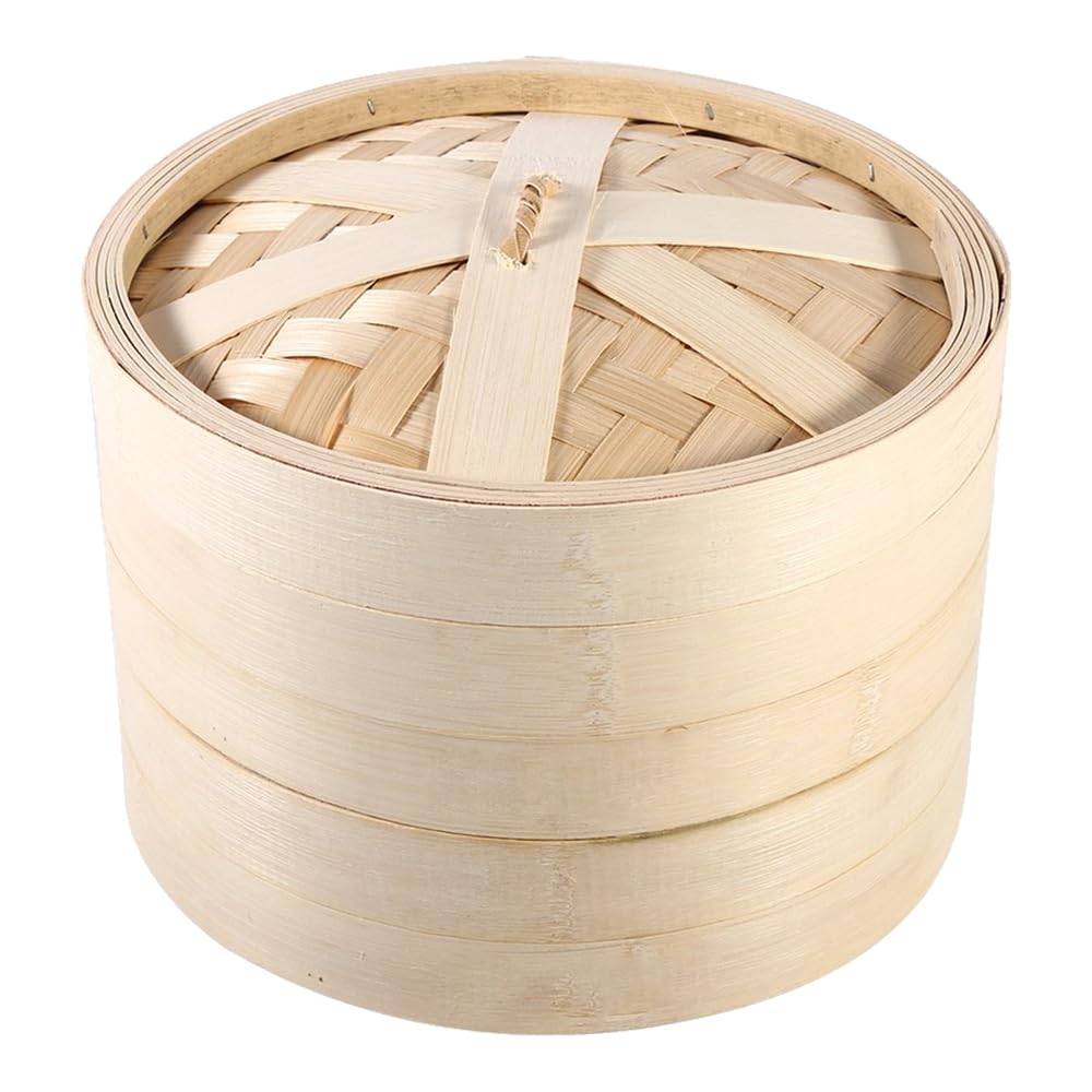 Set di Pentole a Vapore in Bambù 4 Misure 2 Livelli Cestello Per Cottura a Vapore in Bambù Riutilizzabile Cottura del Riso Naturale Cinese Fornello Per Alimenti con Coperchio Nuovo Per Cucina(22cm)