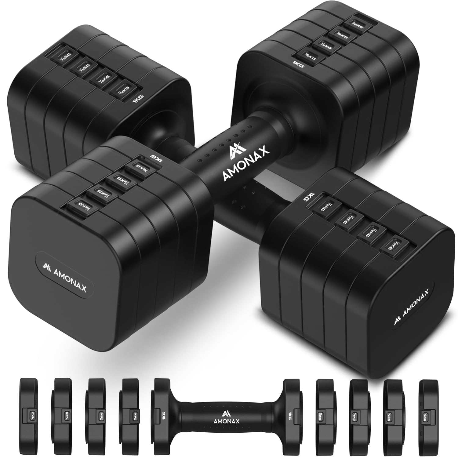 Amonax Adjustable Dumbbells Set, 1kg/2kg/3kg/4kg/5kg Dumbbell Pair, 4-in-1 and 5-in-1 Weights Dumbbells Set Women Men, Free Weights for Home Gym (Black, 5kg x 2)