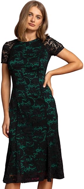 Roman Originals Floral Lace Overlay Dress for Women UK - Ladies Luxury Ball Gown Shift Midi Lined Knee Length Stretch Formal Wedding Guest Party Evening