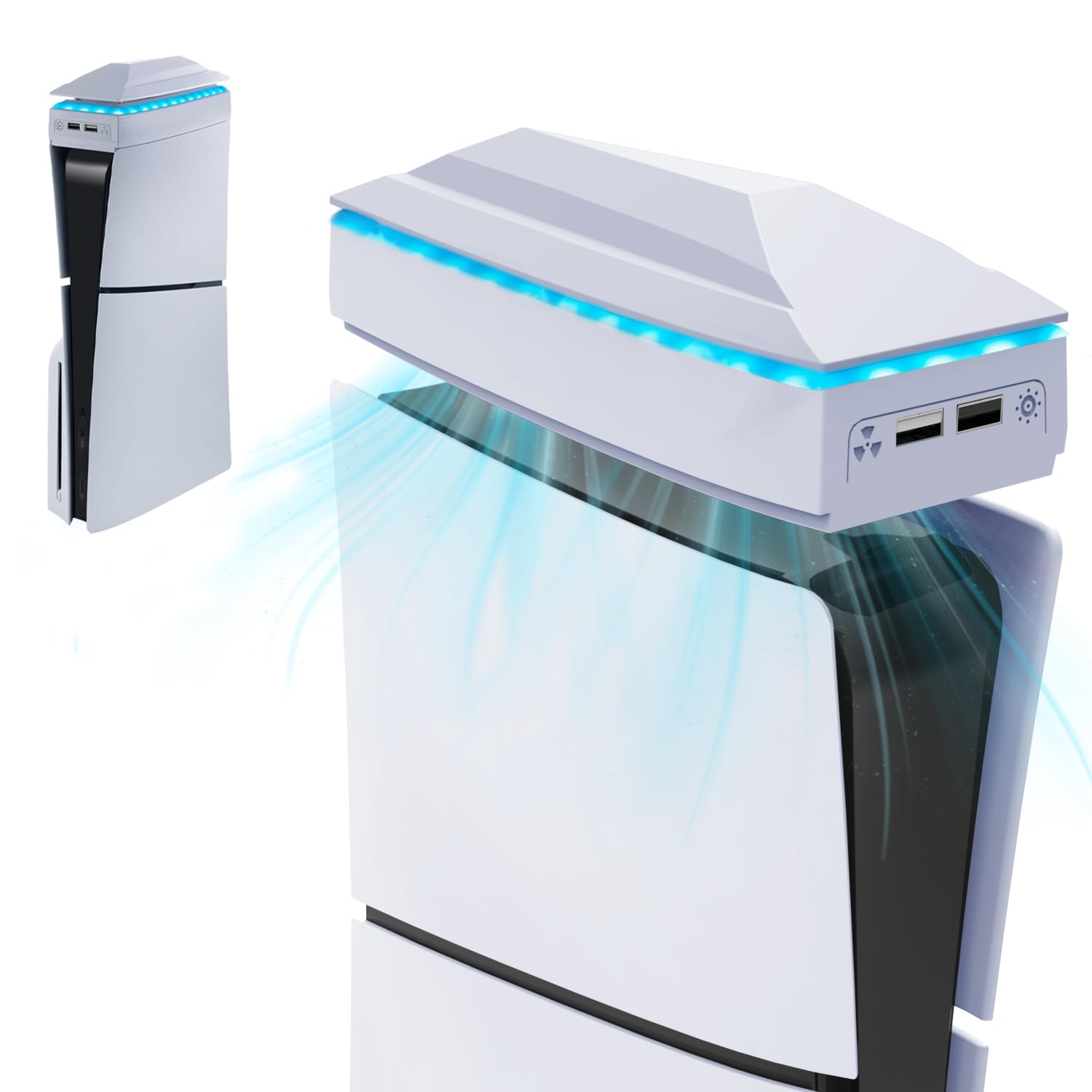 Tendak Ventilador para PS5 Slim Refrigerador LED Superior con Luz RGB, Doble Puerto USB 2.0 3 Velocidades Ajustables para Playstation 5 Slim Disc & Digital Console