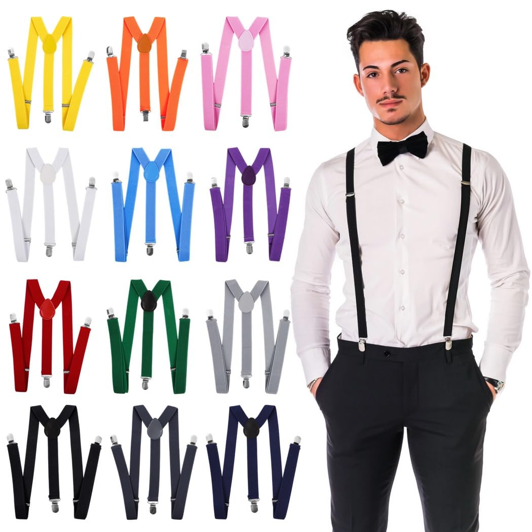 12 tirantes elásticos con espalda en Y en colores vibrantes, cinturones ajustables en forma de Y para uso casual, disfraces y fiestas