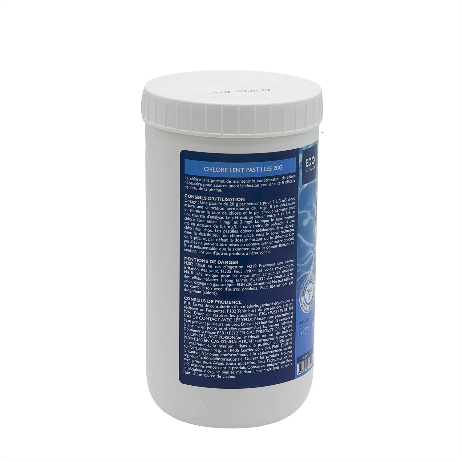 EDG by AQUALUX Chlore Lent Pastilles 20g - 1kg | Chlore Lent Stabilisé - Désinfection Régulière - Dissolution Lente + 10 Tests HPS OFFERTS 6 en 1