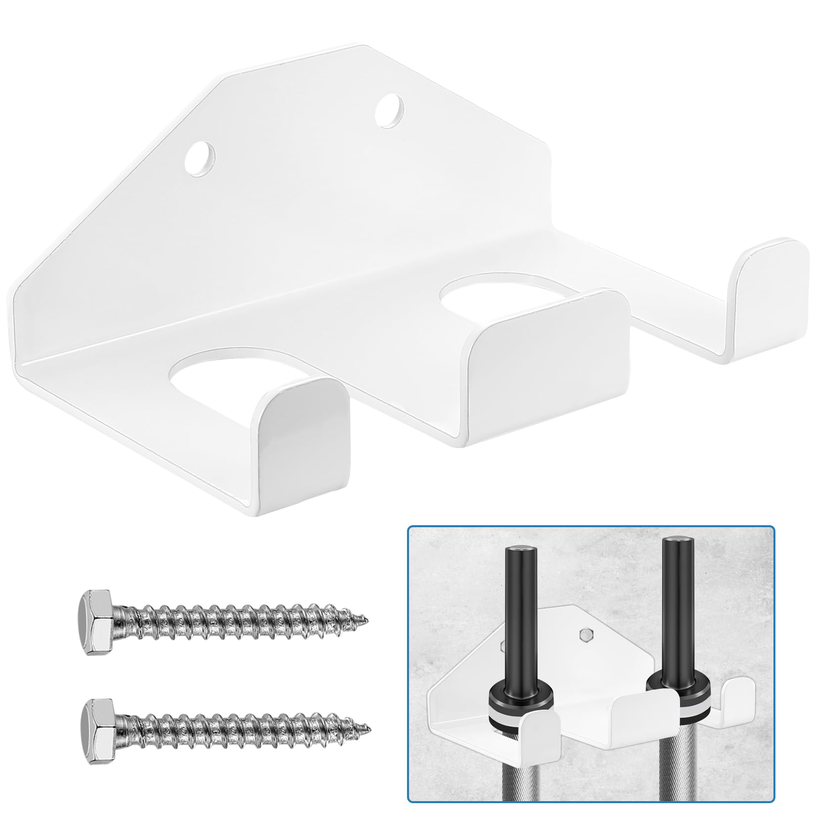 For Olympic Barbell Holder, Vertical Wall Mounted Barbell Storage Rack Brackets Hooks for Home Fitness Equipment Garage Gym Accessory Hanging Storage(White/2 Bars)