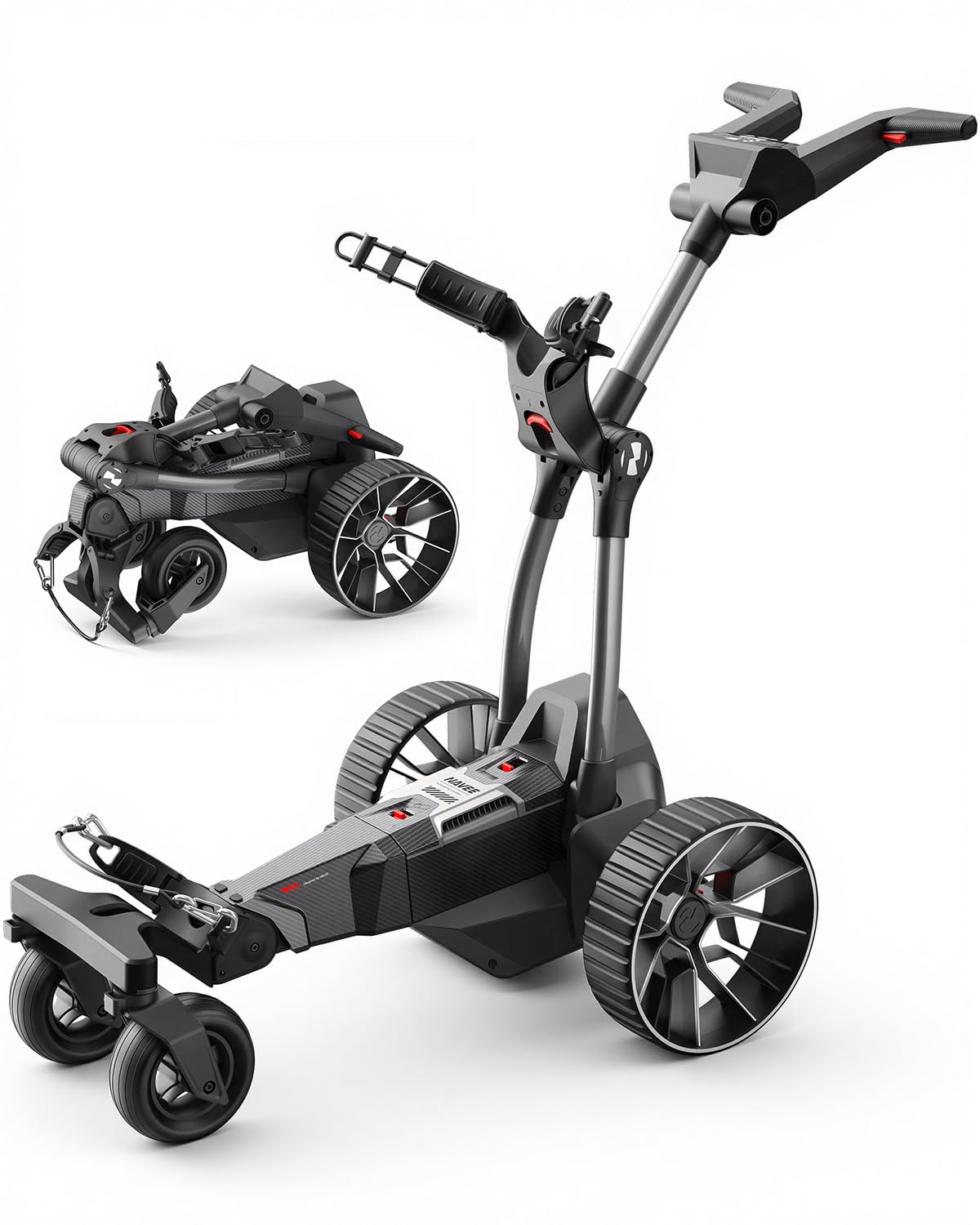 NAVEE Golf Trolley Elektrisch, Electro Golf Trolley Klappbar, Birdie 3X, Follow Me, Lithiumakku für 36 Loch, Dynamische Power-Hilfe mit KI-Steuerung, Dual Motor Bergabfahrbremse, IPX5 viel Zubehör