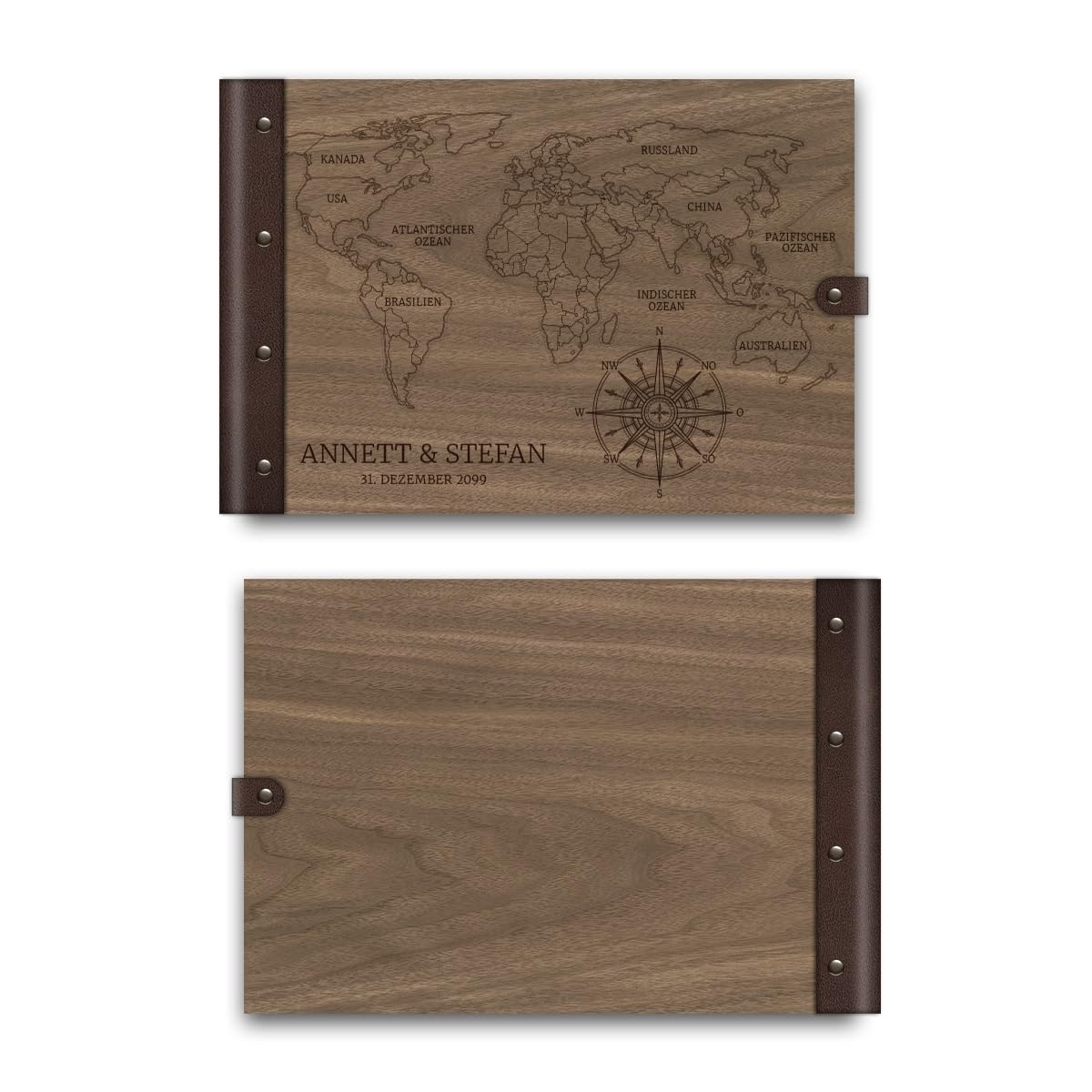 Gästebuch Okoume Holz Gravur individuell Holzcover mit Echtleder Rücken 72 Blatt | 144 Seiten A4 quer 302x215mm - Weltkarte