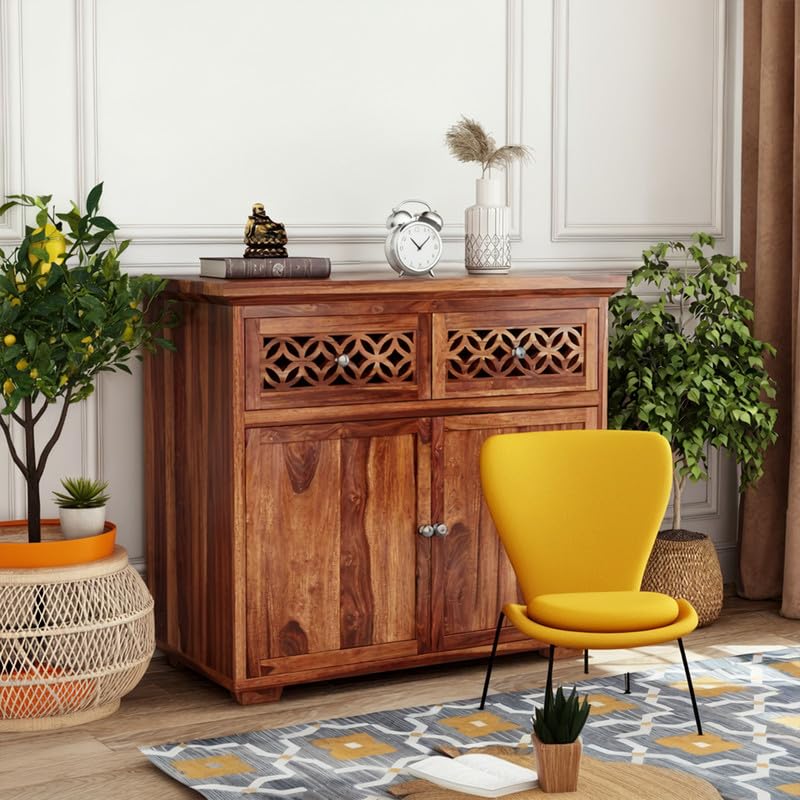 Image of Amazon Brand - Solimo Solid Sheesham Wood Malta Sideboard Cabinet with 2 Drawer and 2 Door Storage for Living Room Home and Office (Honey Finish)